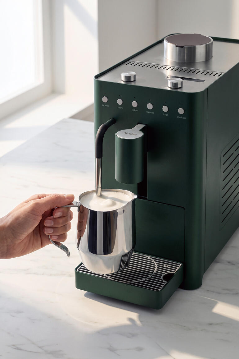 Design-Kaffeevollautomat Chipperfield Edition in Grün, Milchaufschäumer wird benutzt.