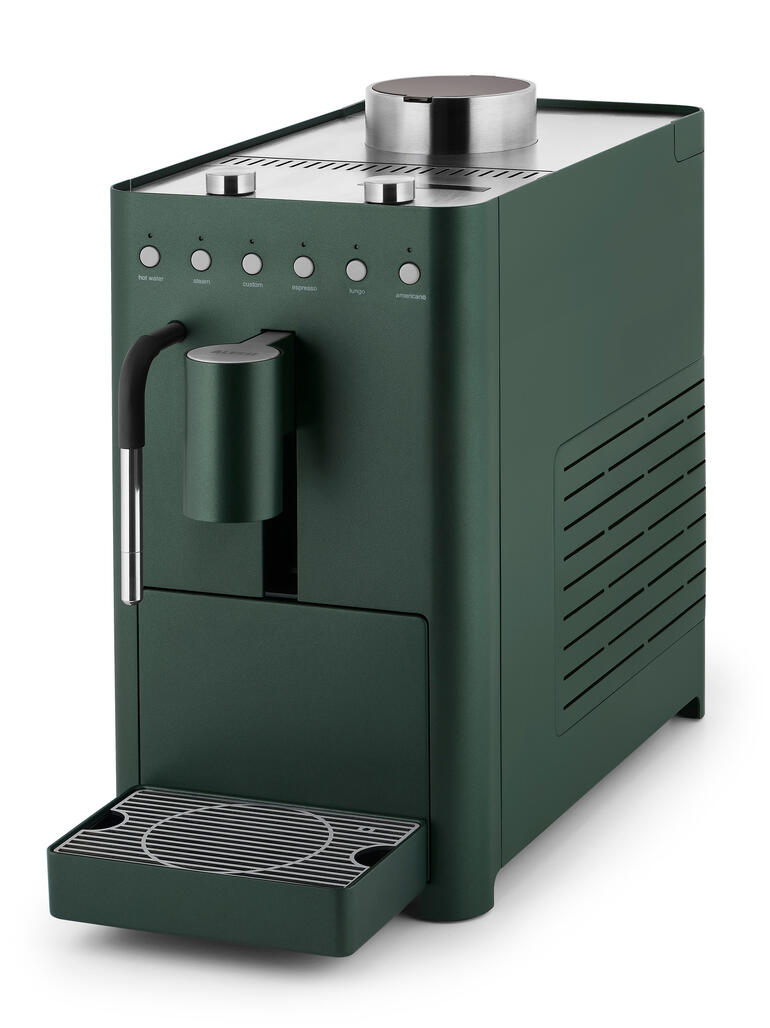 Design-Kaffeevollautomat Chipperfield Edition in Grün, detailreiche Frontansicht.