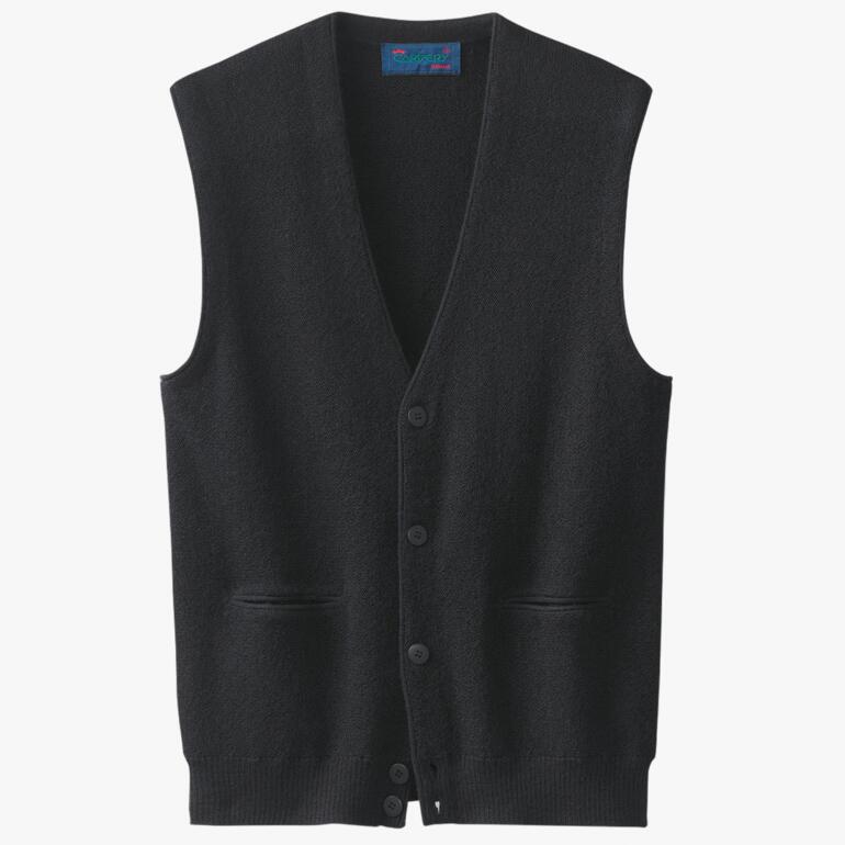 Schwarze Alpaka-Weste mit Knöpfen in klassischer Form.