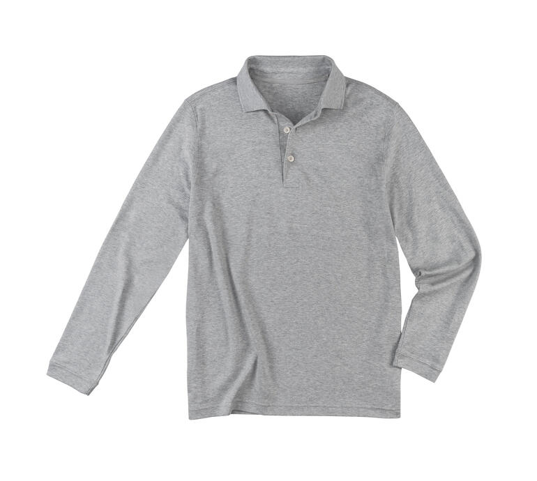 Schwarzes Pima-Interlock-Polo in Größe 48, auf weißem Hintergrund.