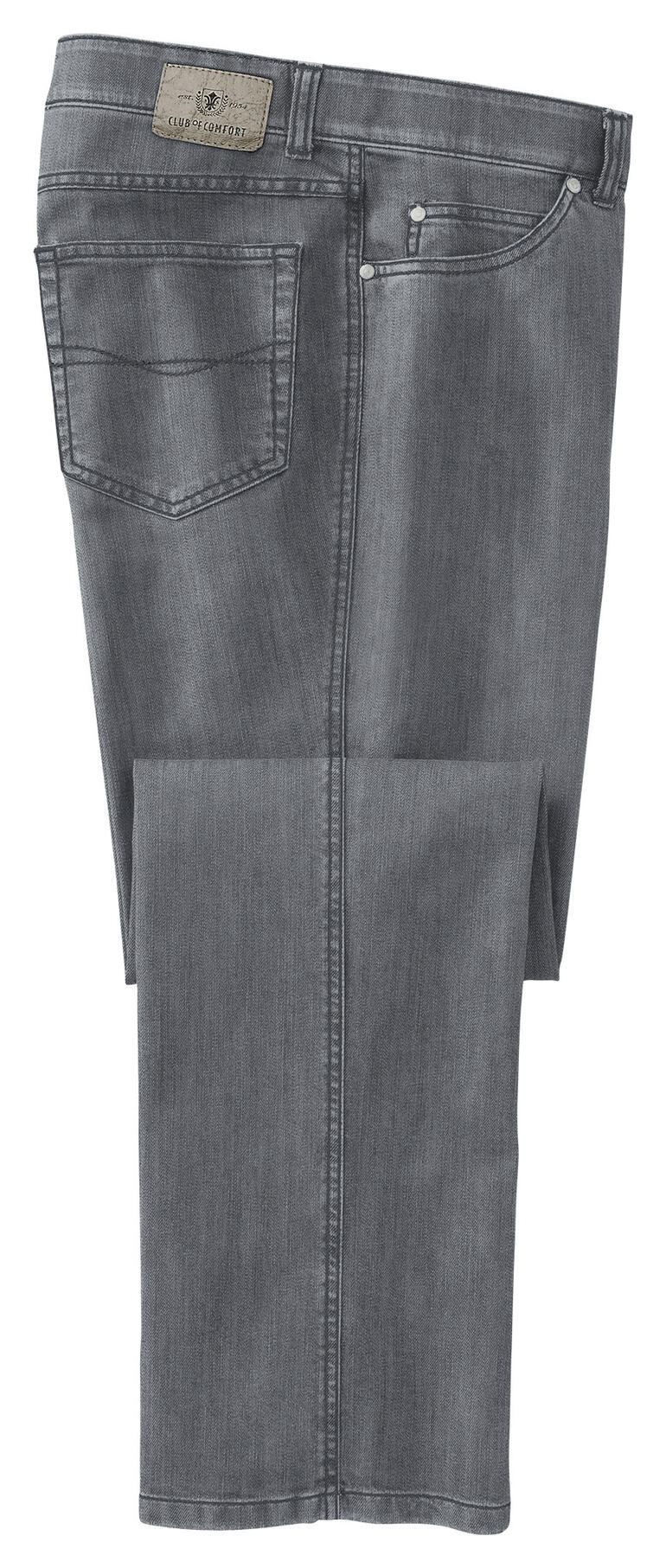 Grau Graue T400®-Jeans, zeigt die Seitenansicht der Hose.