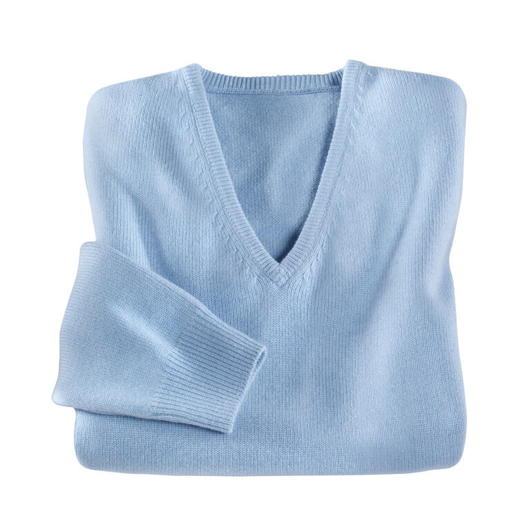 Herren-Kaschmirpullover in hellblau mit V-Ausschnitt.