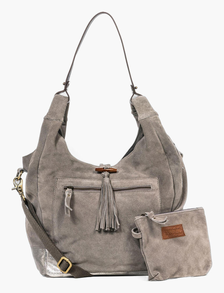 Anokhi Beuteltasche in Grau mit Fransen und Seitentasche.