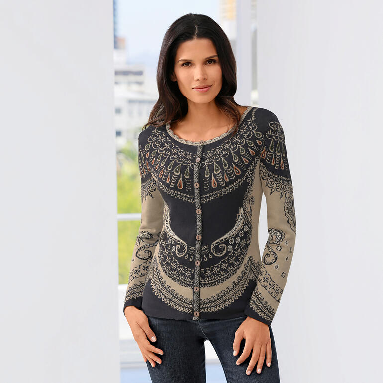 IVKO Jacquardjacke mit auffälligem Muster und Knopfleiste vorne.