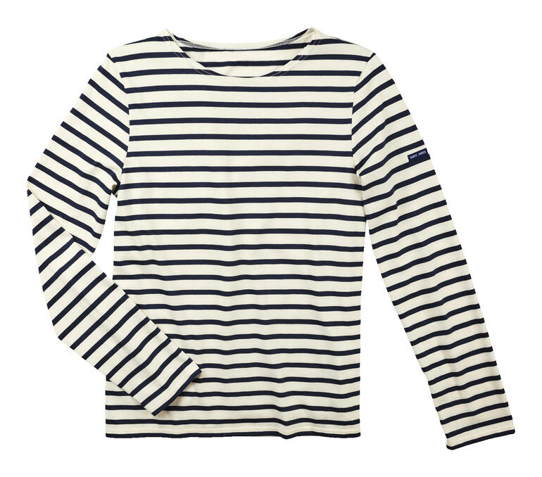 Manches longues, Écru/Marine Langärmliges Herren-Bretagne-Shirt mit breiten Streifen in Navy und Weiß.