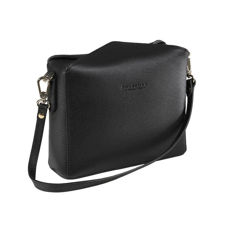 Schwarze Handtasche mit goldenen Akzenten, elegant geformt.