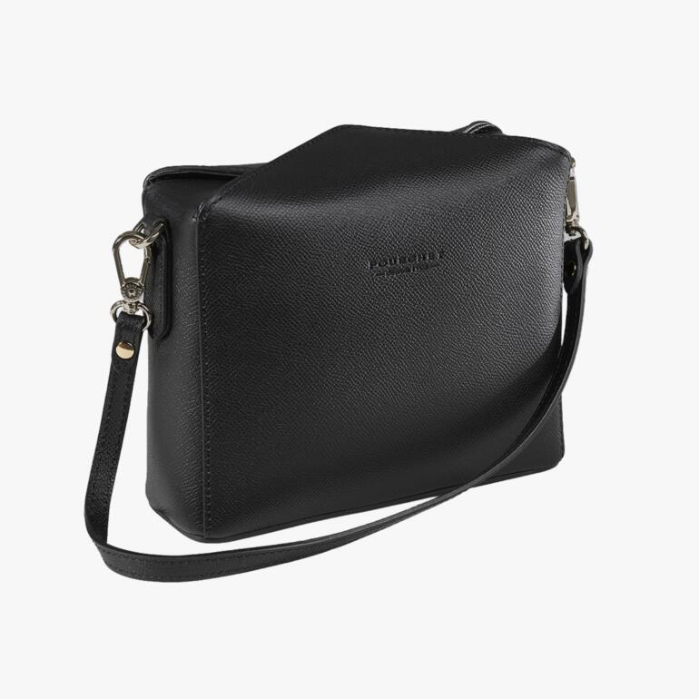 Schwarze Handtasche mit goldenen Akzenten, elegant geformt.
