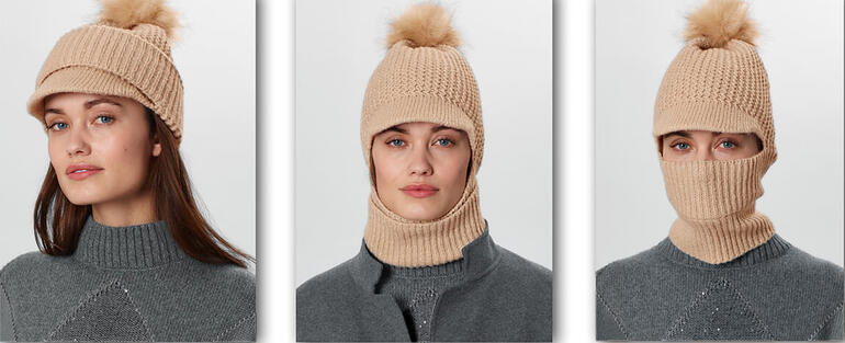 Wende-Beanie in Beige, stilvoll mit einem Bommel, in drei verschiedenen Ansichten dargestellt.