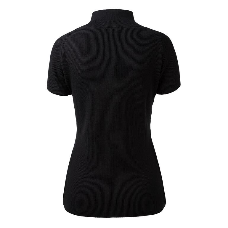 Rückansicht eines schwarzen Kurzarm-Pullovers mit Stehkragen.