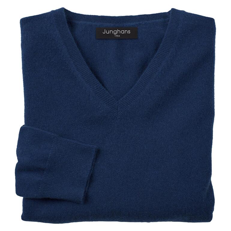 Dunkelblauer V-Pullover aus Kaschmir, folded.