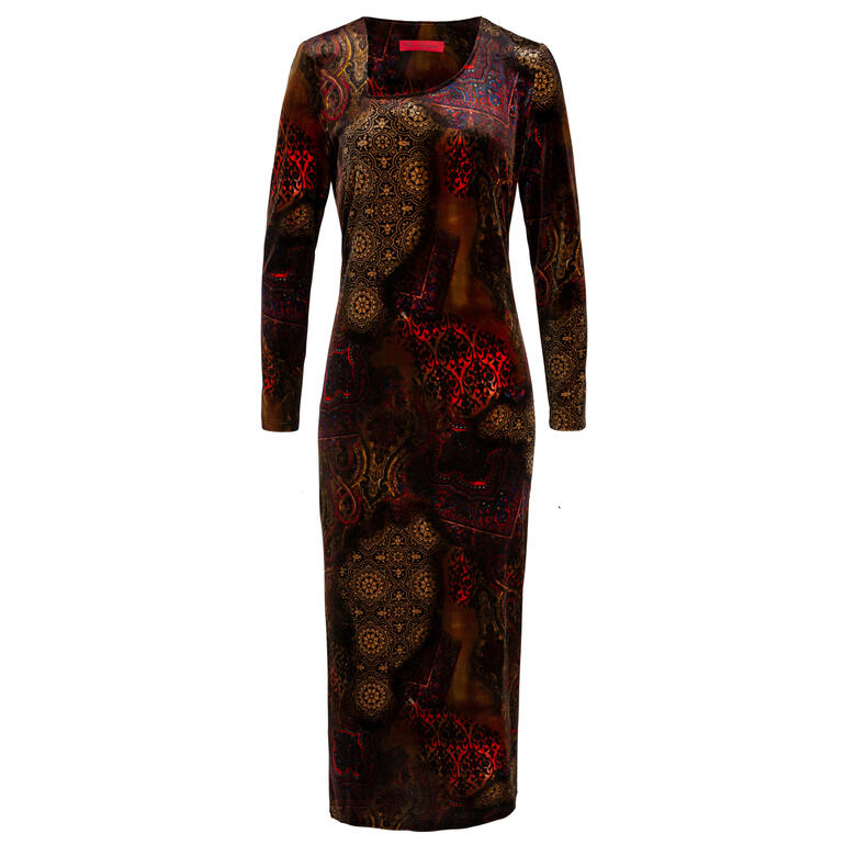 Langarm-Nickikleid in Gold und Purpur mit floralem Muster, Größe 36.