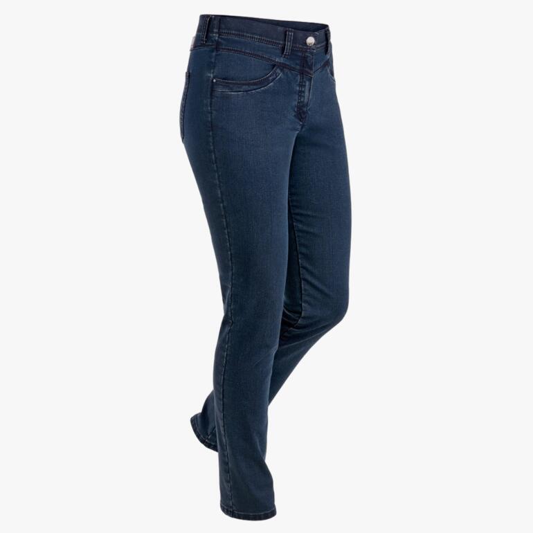 Schmale Thermo-Jeans in Dunkelblau, seitlich im Stehen präsentiert.