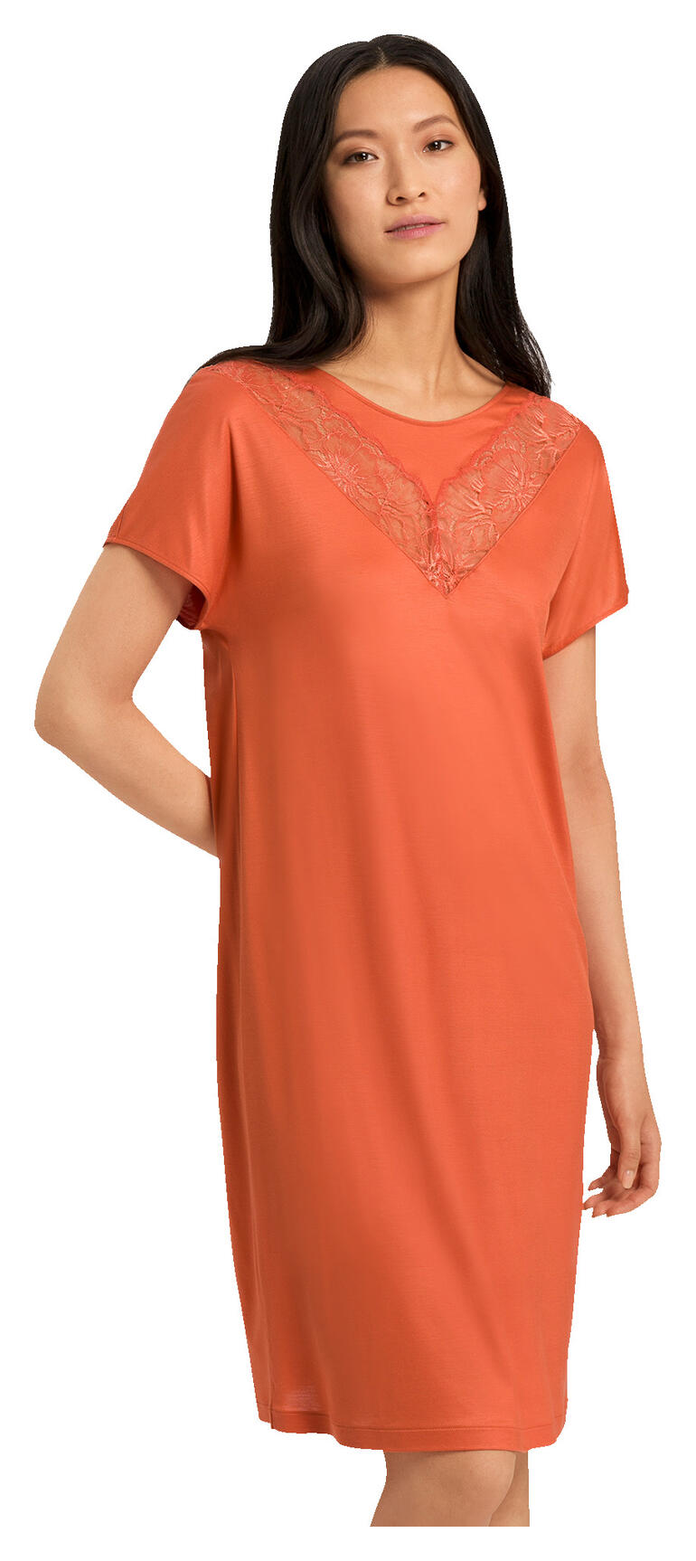 Hanro Modal-Spitzen-Nachthemd Damen in orangefarbenem Modal-Spitzen-Nachthemd mit Spitzenbesatz, Größe 38-40.