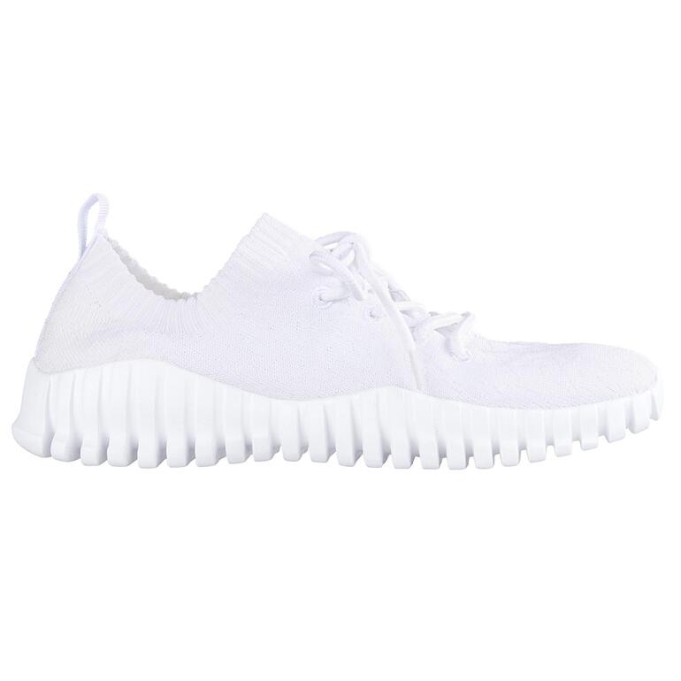 Weißer Knit-Schnür-Sneaker von bernie mev. seitliche Ansicht.