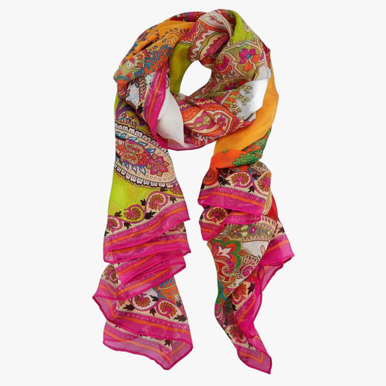Bunt bedrucktes Seiden-Foulard mit verschiedenen Mustern.