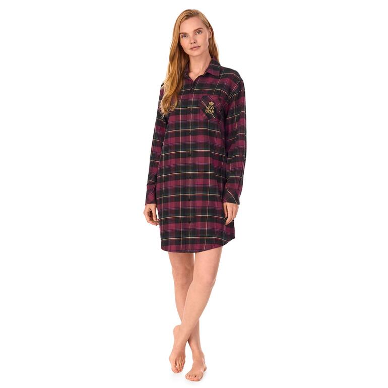 Chemise de nuit à carreaux Ralph Lauren Kariertes Nachthemd mit Knöpfen und gesticktem Wappen.