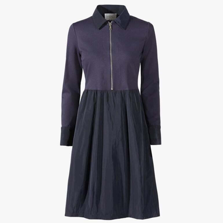 Navy Casual-Kleid in voller Ansicht mit elegantem Design und Reißverschluss.