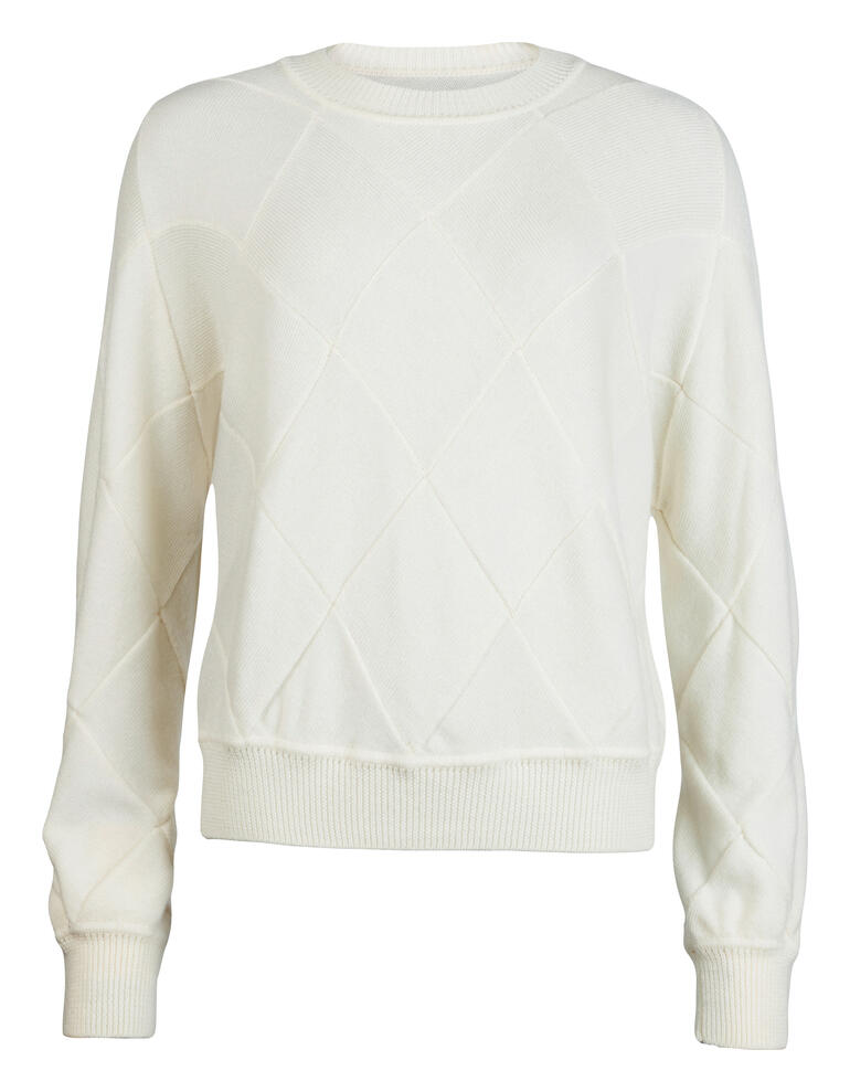 Vorderansicht von zartgelbem Pullover mit diagonalen Strickmustern.