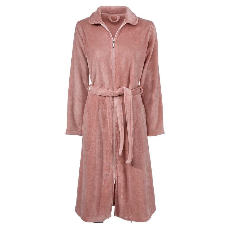 Rosa Couture-Bademantel, frontal dargestellt auf weißem Hintergrund.