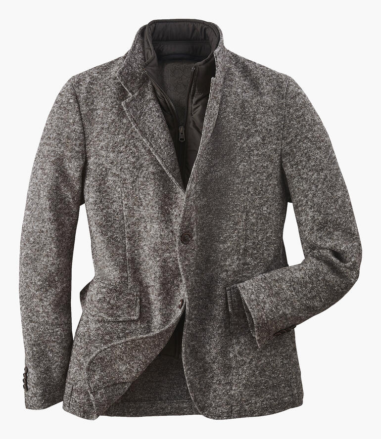 Grau melierter Janker mit offenen Revers und einer Brusttasche.