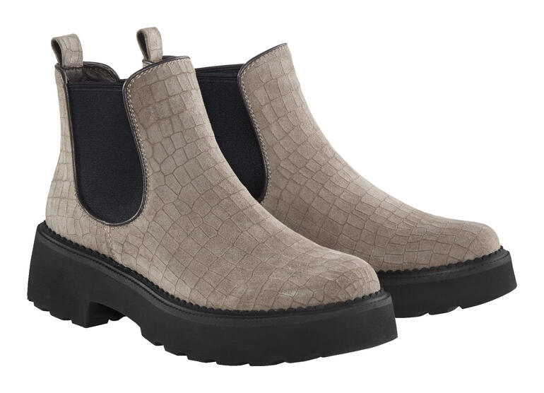 Zwei beige Chelsea-Boots nebeneinander, mit strukturierter Oberfläche.