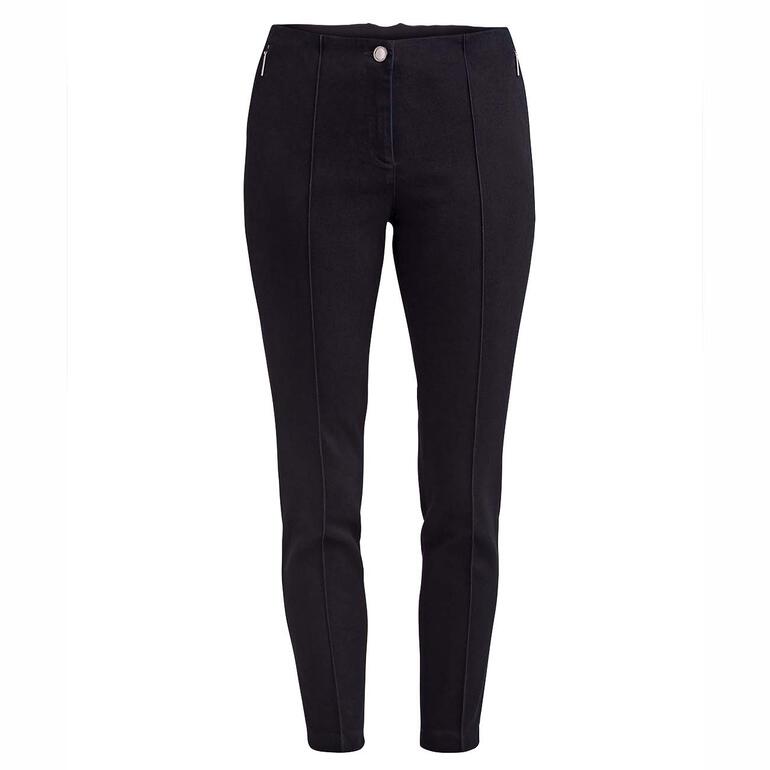 Vorderansicht einer dunklen Jeans mit sichtbar abgenähten Nähten und hohem Bund.