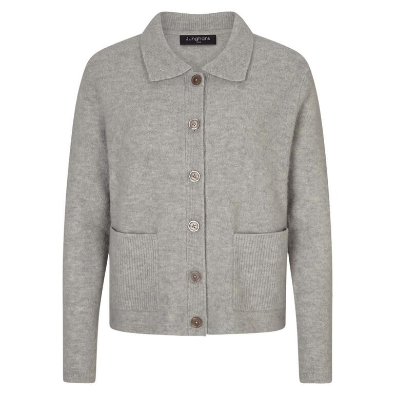 Grauer Cardigan mit Knöpfen und Taschen, flach ausgelegt auf hellem Hintergrund.