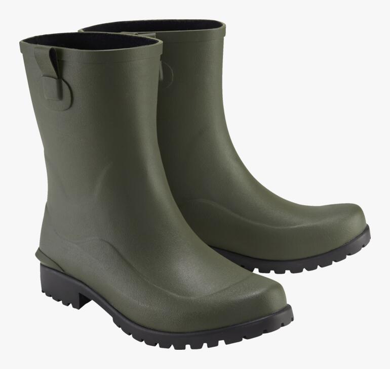 Zwei olivgrüne Gummistiefel von Green Comfort, nebeneinander.