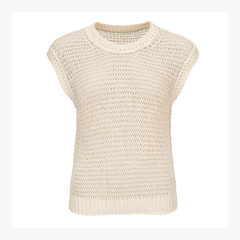 Beige Mesh-Pullunder mit kurzen Ärmeln aus luftiger Baumwolle.