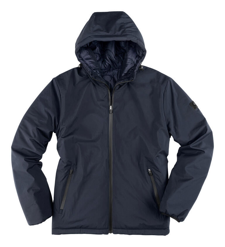 Softshell-Wendejacke in dunkler Farbe, mit Kapuze und Reißverschluss.