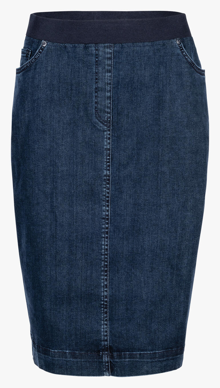 Vorneansicht eines blauen Jeansrocks mit elastischem Bund und schmaler Form.