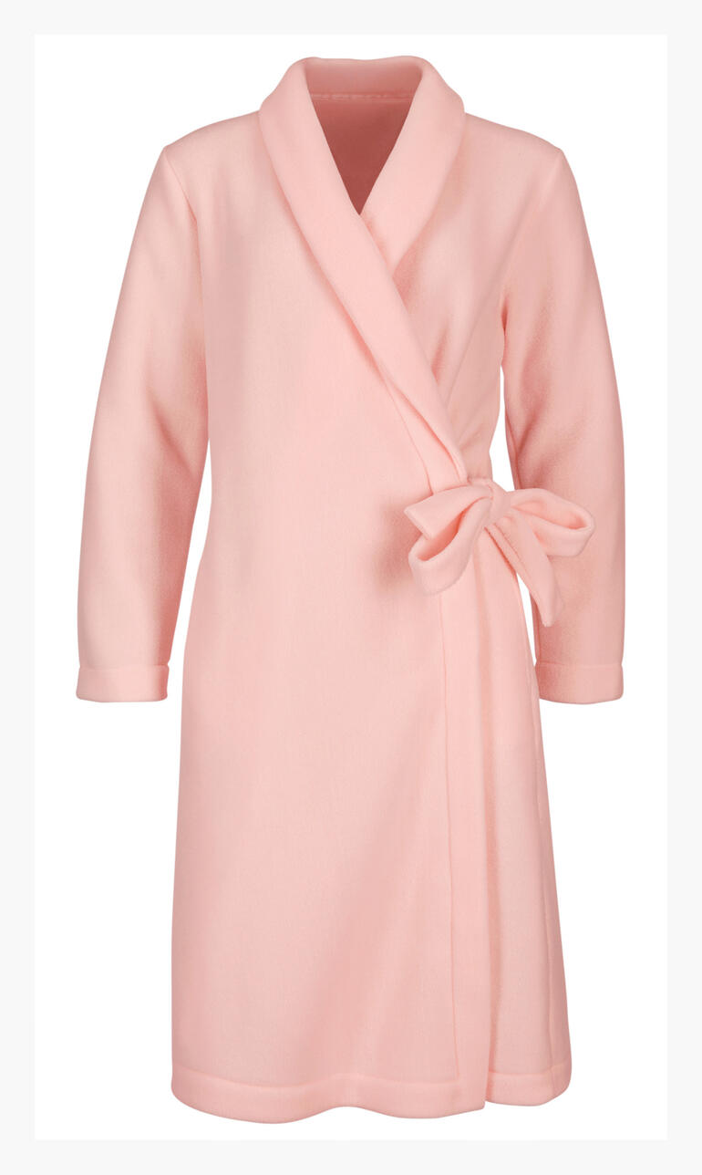 Rosa Fleece-Morgenmantel, frontal abgebildet.