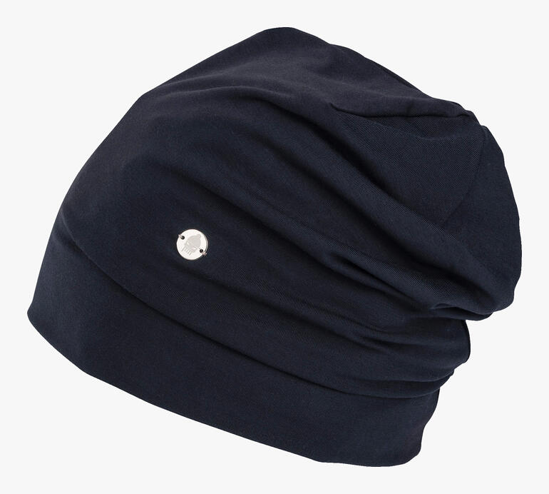 Dunkelblaues Ganzjahres-Bambus-Beanie seitlich mit Logo.