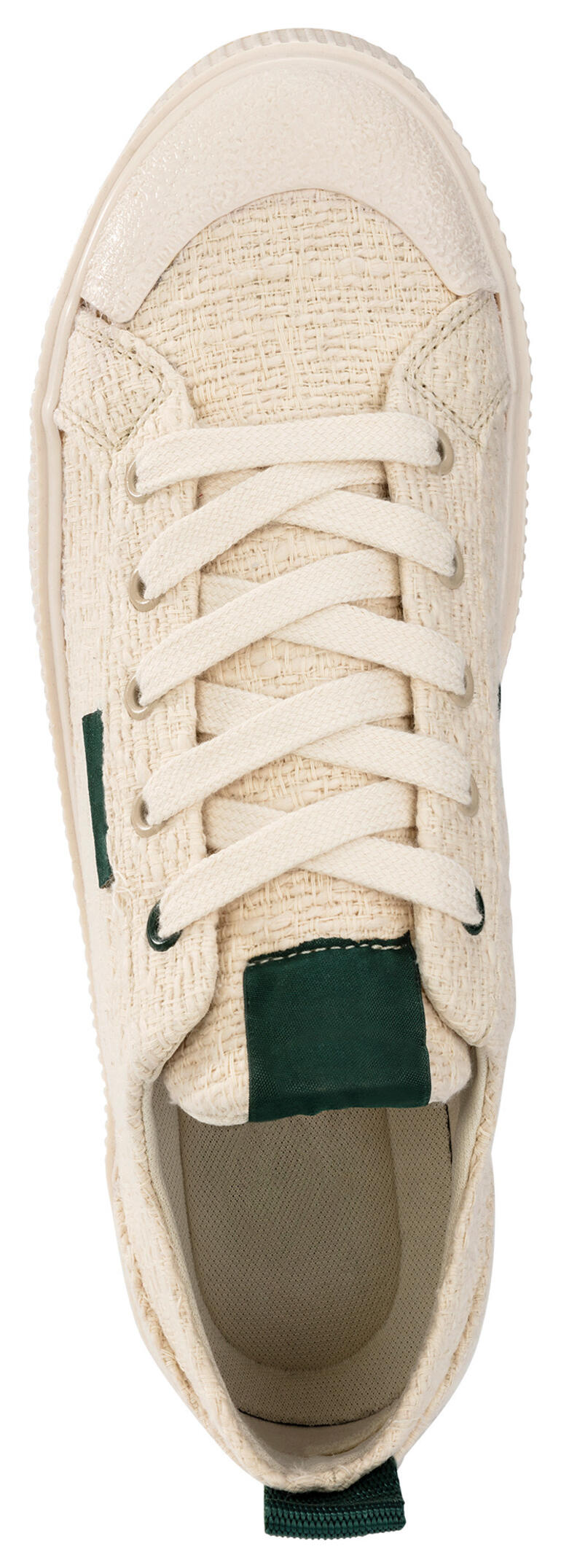 Sanjo Sommer-Tweed-Sneaker, von oben in hellbeige mit grünen Akzenten.