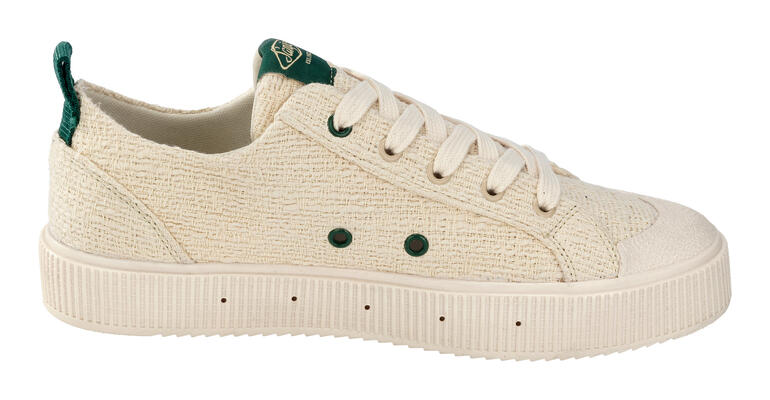 Sanjo Sommer-Tweed-Sneaker in hellbeige mit grünen Details, seitliche Ansicht.