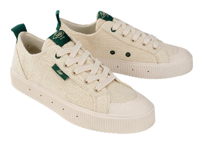 Sanjo Sommer-Tweed-Sneaker - Der beliebte Sneaker-Klassiker mit sommerlich modischem Update: aus luftigem Baumwoll-Tweed. Sanjo Sommer-Tweed-Sneaker in heller Farbe, frontal Ansicht, mit Schnürsenkeln.