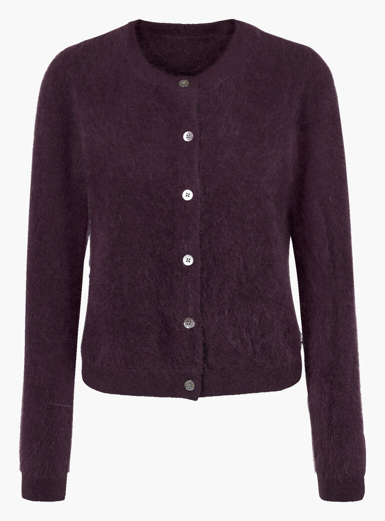 Dunkelvioletter Cardigan aus Kaschmir mit weichem Stoff.