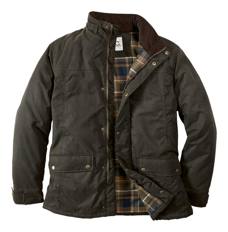 Olivgrüne Oilskin-Outdoorjacke mit Karomuster innen und Knöpfen.
