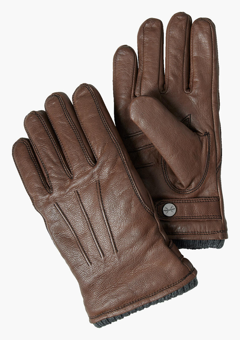 Braune Primaloft-Handschuhe mit gestepptem Design.