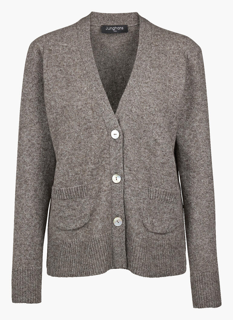 Grau-brauner Yak-Cardigan mit drei Knöpfen und Taschen.