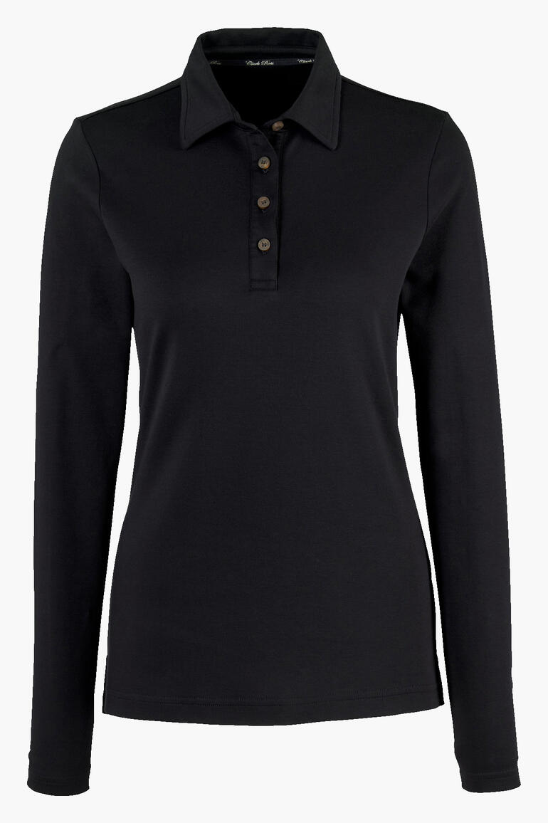 Schwarzes Pima-Interlock-Polo mit Knopfleiste auf weißem Hintergrund.
