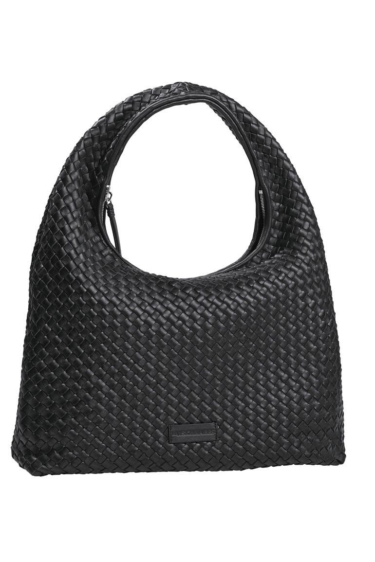 Schwarze Hobo-Flechttasche, mit breitem Tragegriff und elegantem Design.
