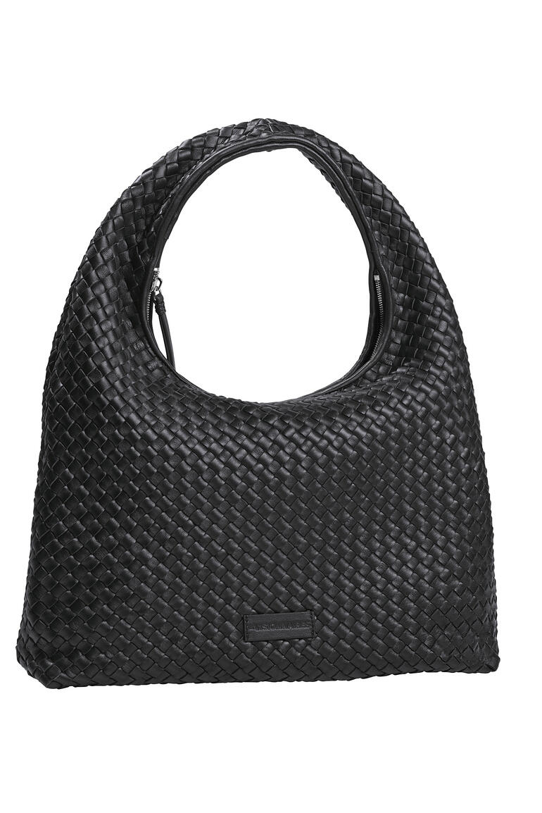 Schwarze Hobo-Flechttasche, mit breitem Tragegriff und elegantem Design.