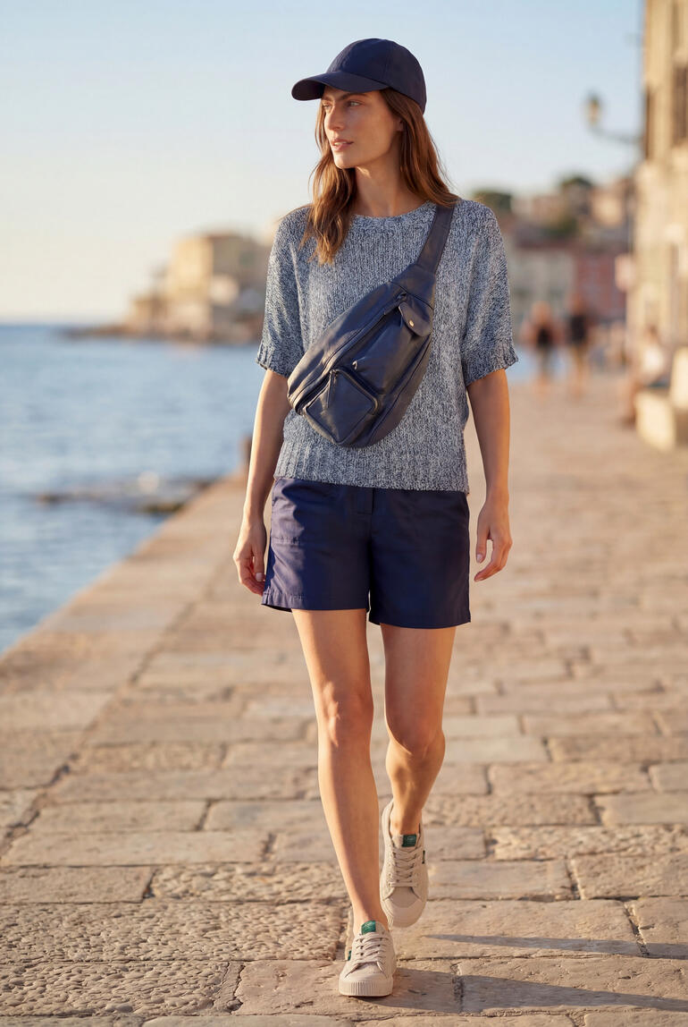Blau-gemusterter Pulli mit kurzem Arm, lässiger Look.