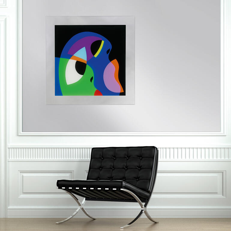 Ein Eyecatcher an Ihrer Wand: abstrahierte Figuren in extremer Leuchtkraft. Abstraktes Kunstwerk von R. O. Schabbach an einer Wand.