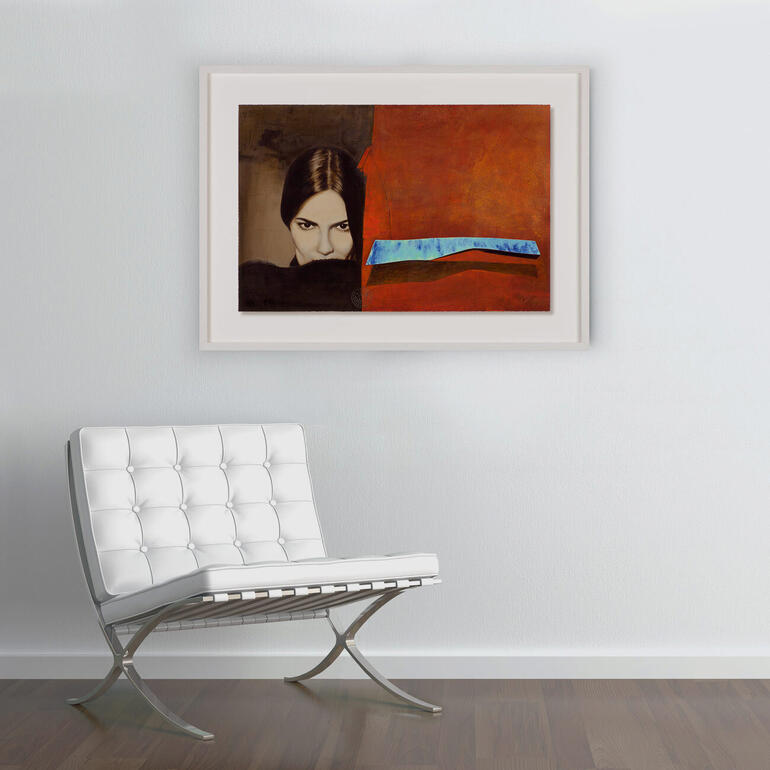 Das Werk ist gerahmt in den Grössen 100 x 73 cm ... Gemälde einer Frau mit intensiven Blick, eingerahmt