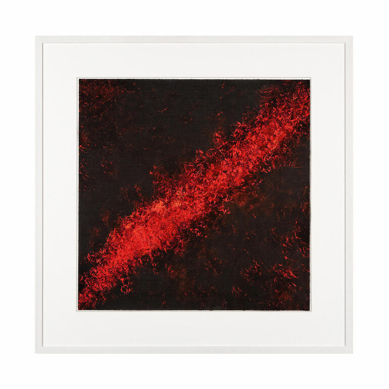 Abstraktes Kunstwerk mit rotem Farbverlauf auf schwarzem Hintergrund in einem weißen Rahmen.