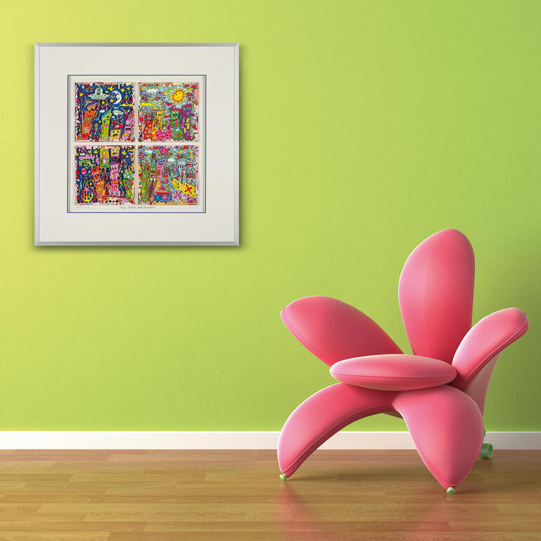 Das farbenfrohe Werk ist eine Bereicherung für jede Wohnungs- und Büroeinrichtung. Buntes Kunstwerk von James Rizzi an einer grünen Wand über einem rosa Stuhl.