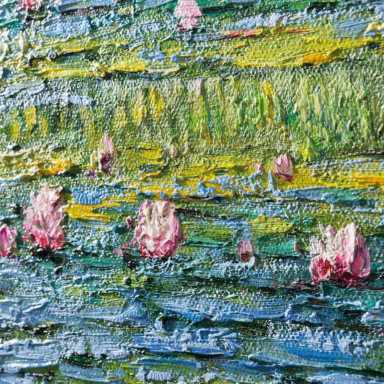 Detail Massstab ca. 1:2 Detailaufnahme einer Seerose auf der Leinwand.