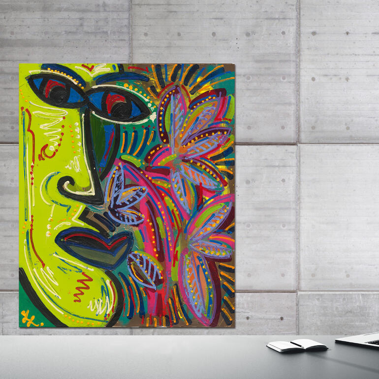 „Stony“, handübermalt, 82 x 100 x 4 cm. Lebendige abstrakte Portraitmalerei mit blauen und grünen Tönen.
